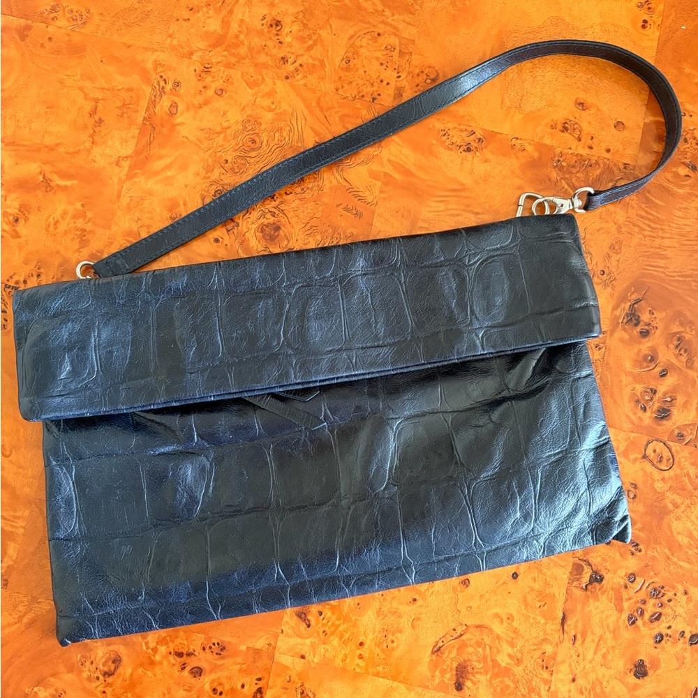 Elegant Black Crocodile-Embossed Clutch